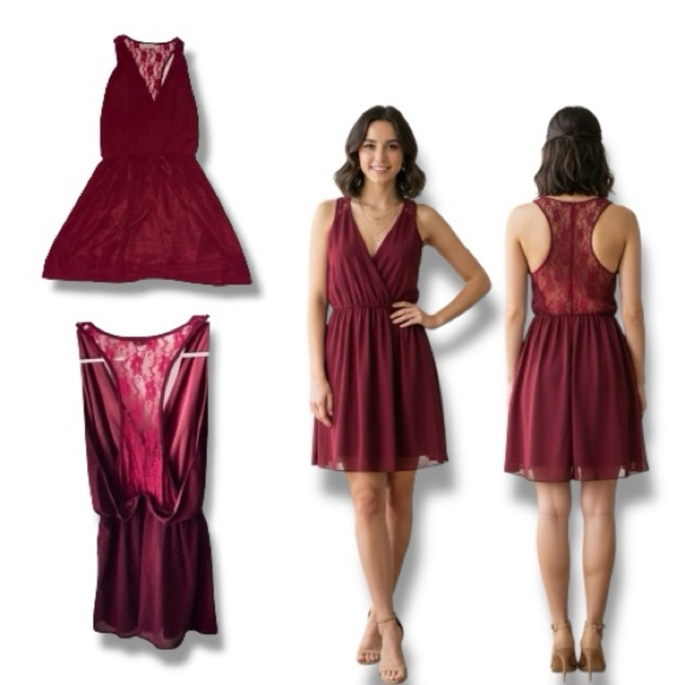 TOBI Vintage Y2K Dress Mini Garnet Plunge Surplice Lace Racerback M